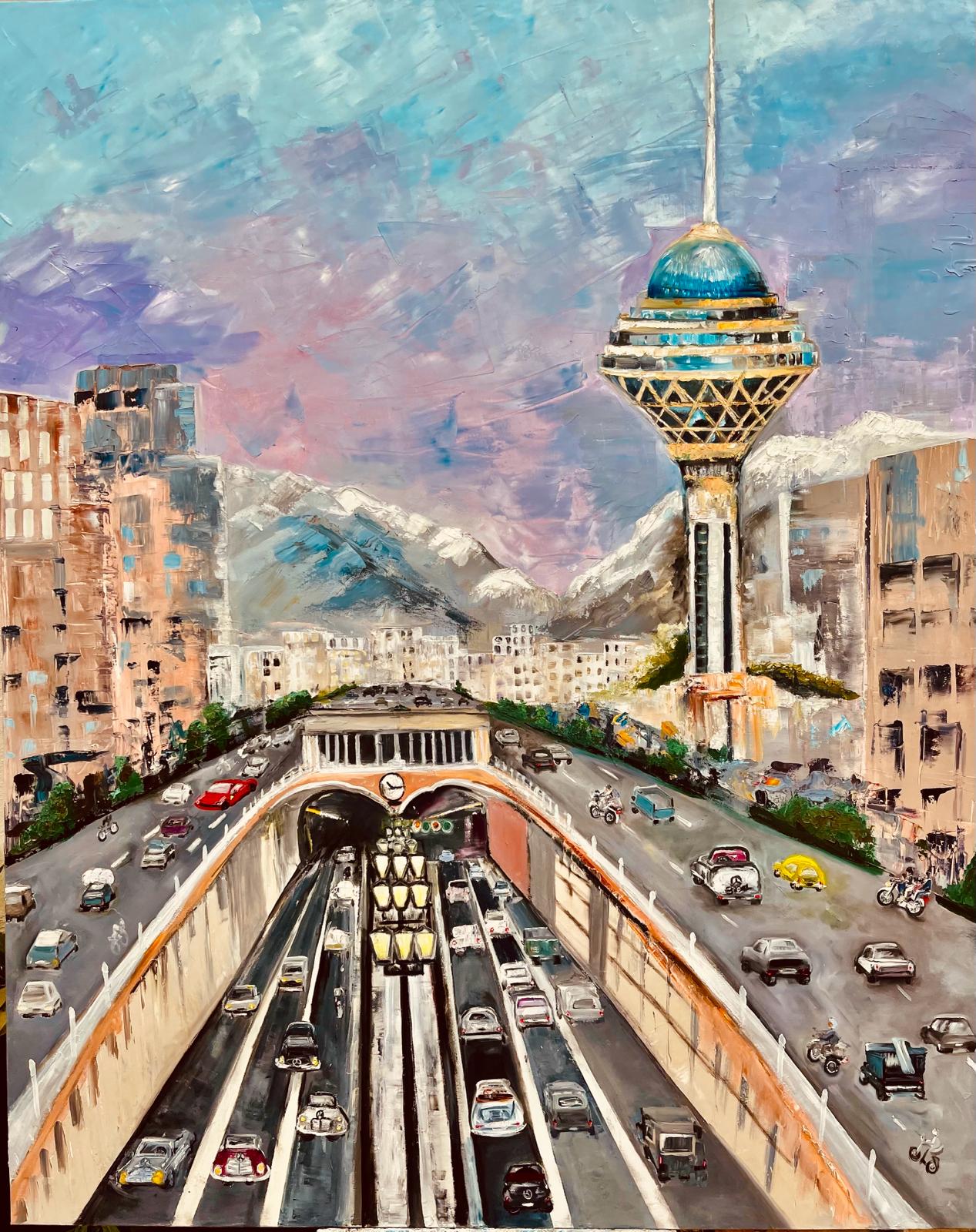 Tehran, Borj Milad and Tohid Tunnel Oil Painting (REPRINT) | Mojgan Vahdati - Nia | Mojarts